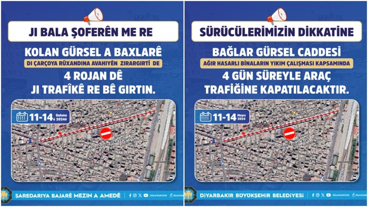 Diyarbakır Bağlar’da 4 gün trafiğe kapatılacak cadde hangisi?