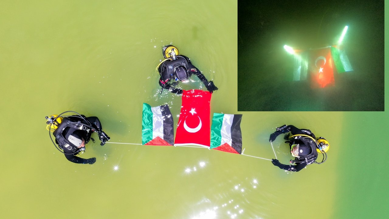 Diyarbakır’da Filistin’e dalgıçlı destek: Su altında bayrak açtılar