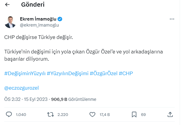 İmamoğlu'ndan Özgür Özel paylaşımı