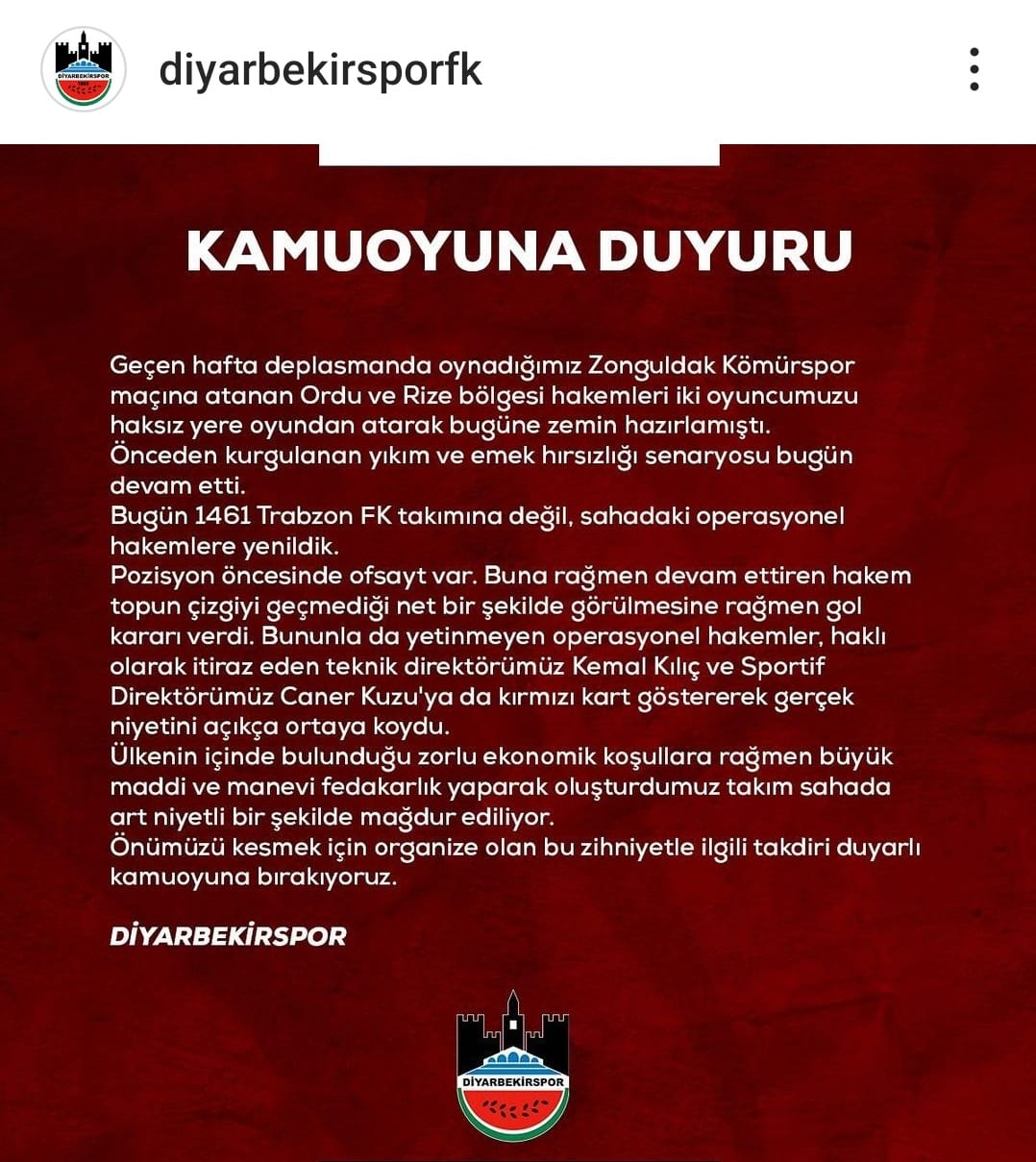 Diyarbekirspor: “3 haftadır Hakemler tarafından mağdur edildik”