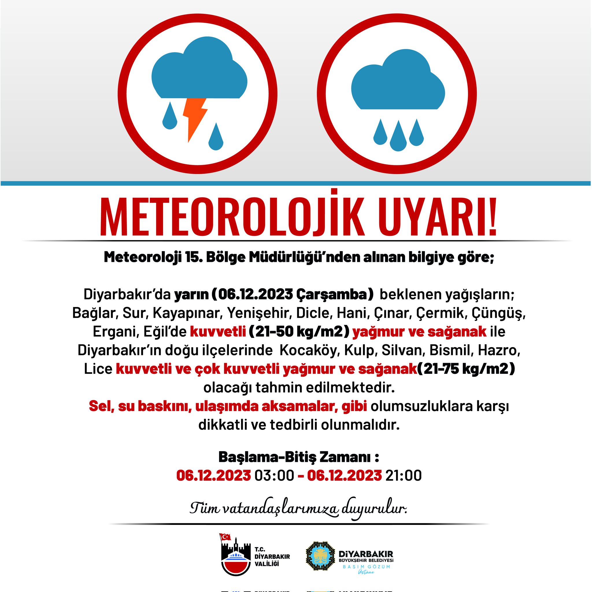 Diyarbakırlılar dikkat! Meteoroloji ve AFAD'tan sonra Valilik'ten de uyarı geldi!