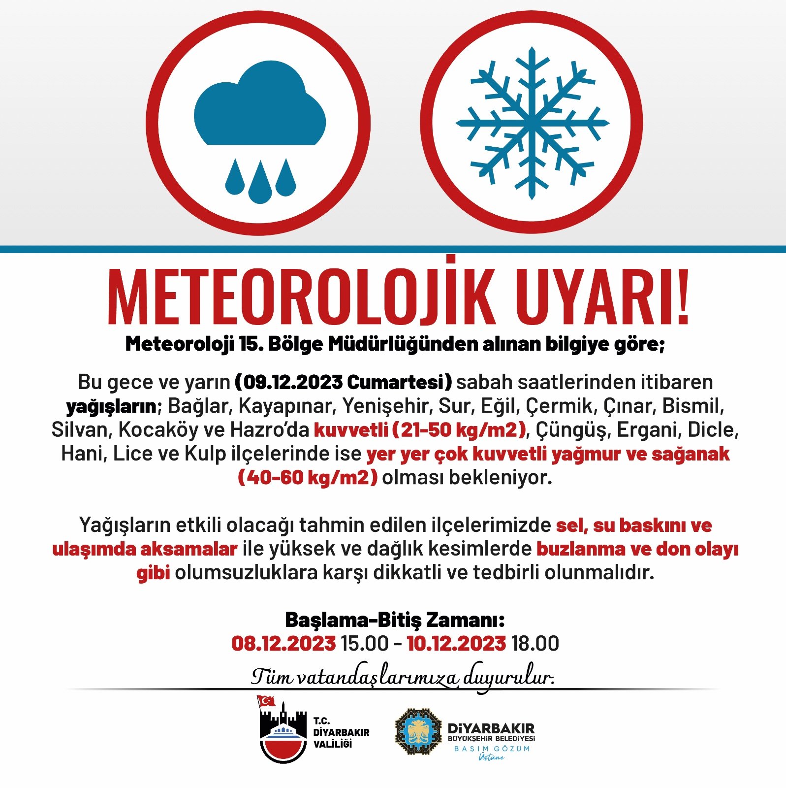 Meteoroloji’den sonra Diyarbakır Valiliği de uyardı