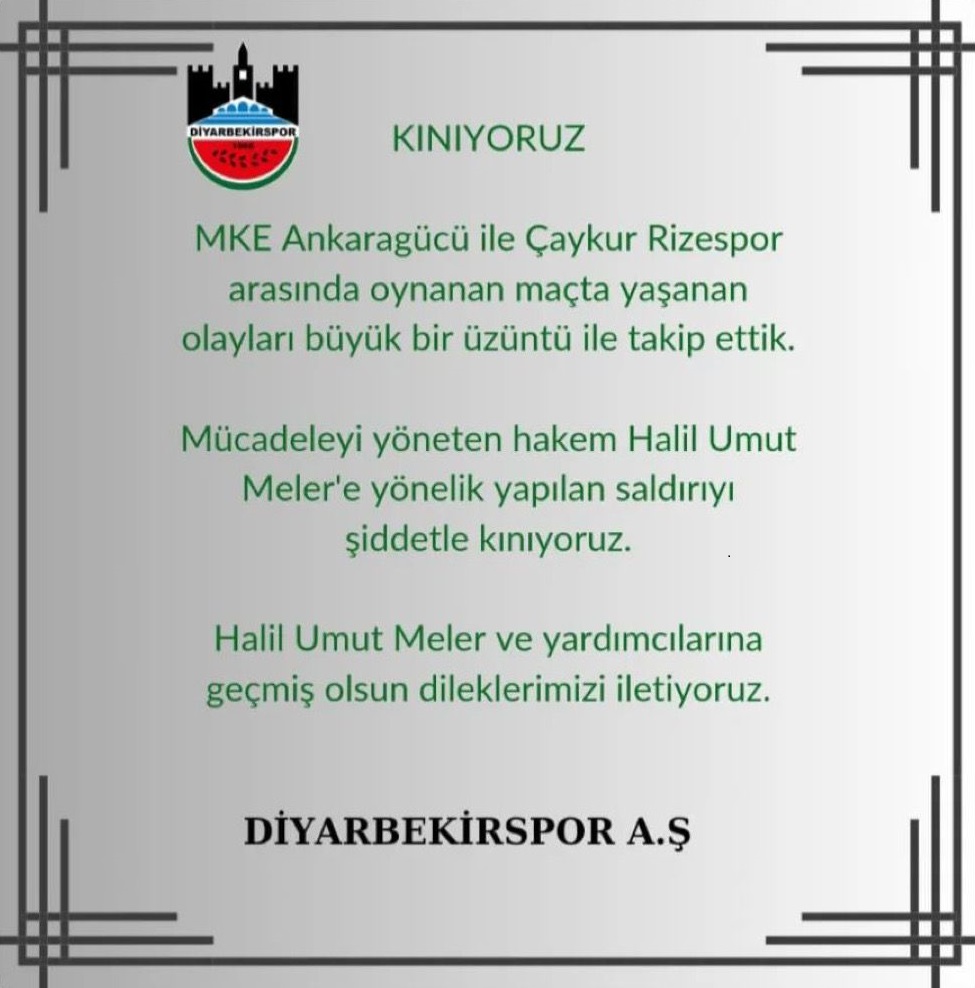 Diyarbekirspor’dan hakem Meler’e yapılan çirkin saldırıya kınama!