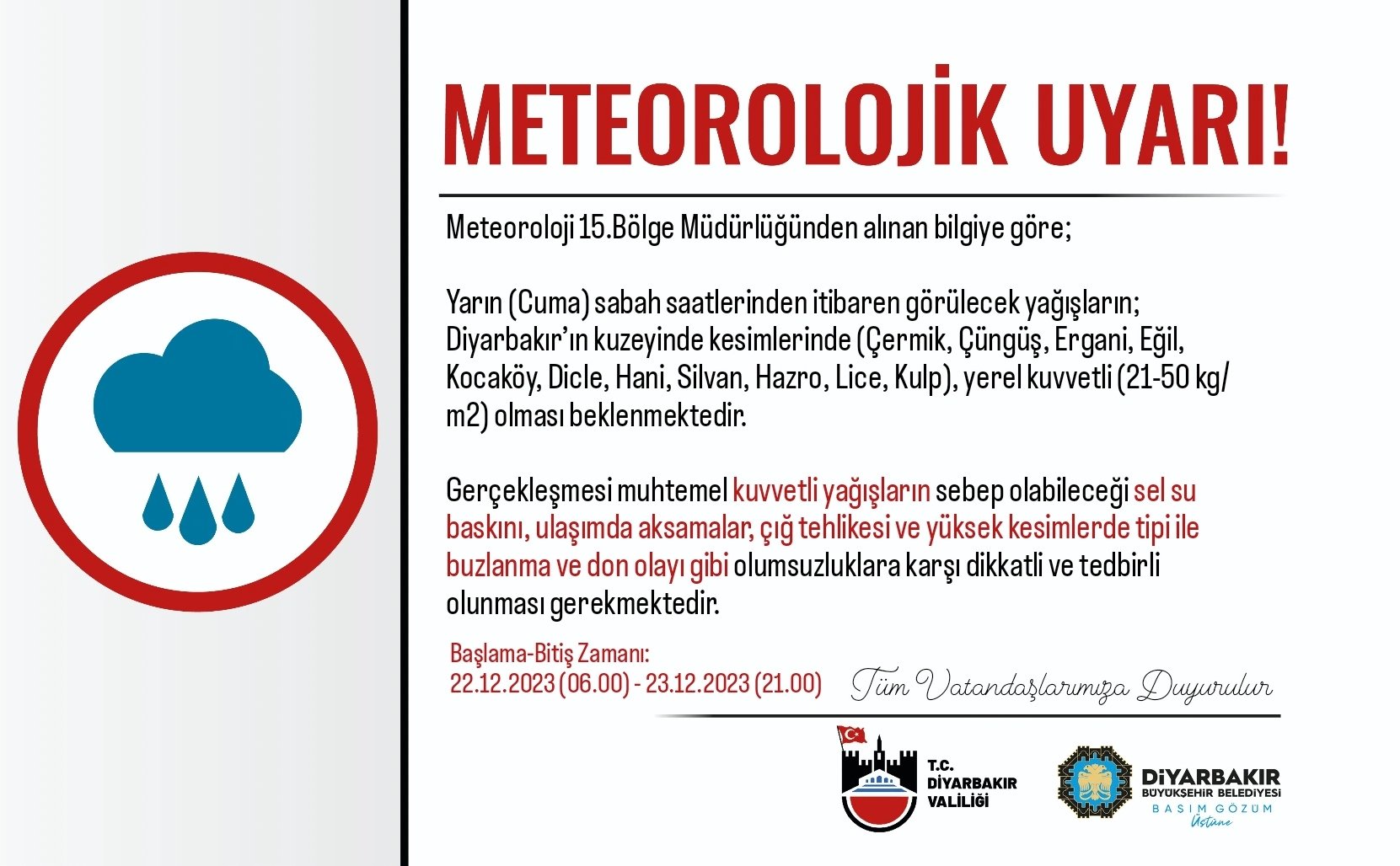 Meteorolojiden sonra Valilik’ten de Diyarbakır'a uyarı geldi!