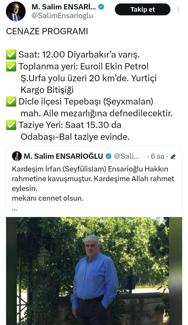 Diyarbakır Milletvekili Ensarioğlu’nun acı günü