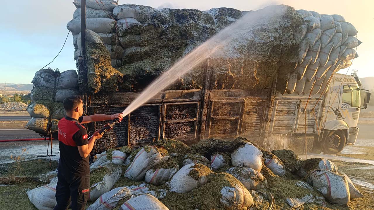 Siirt'te saman yüklü kamyon alev aldı