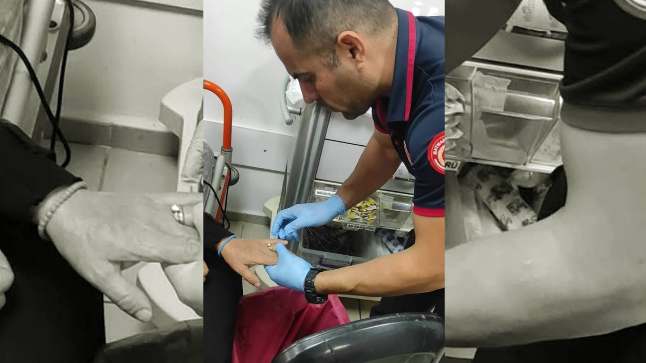 Parmağında sıkışan yüzüğü itfaiye hastanede çıkardı