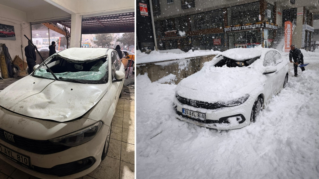 Diyarbakır’da kar kütlesi otomobilin üzerine düştü