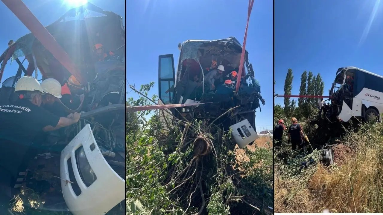 Diyarbakır’da yolcu otobüsü ağacın üstüne çıktı: 2 yaralı