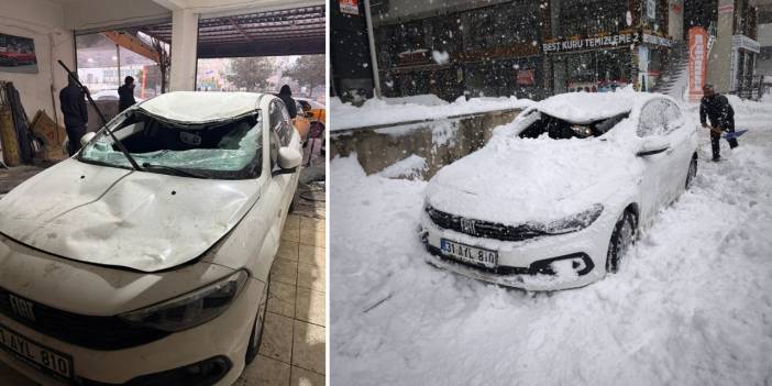Diyarbakır’da kar kütlesi otomobilin üzerine düştü