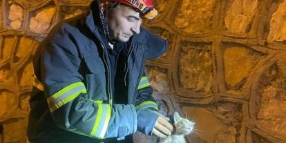 Hatay'da kahraman itfaiyeciler yavru kediyi kurtardı